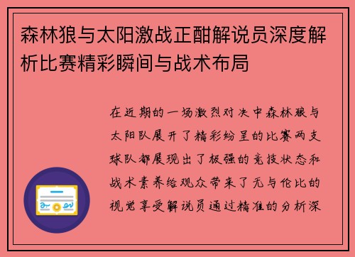 森林狼与太阳激战正酣解说员深度解析比赛精彩瞬间与战术布局